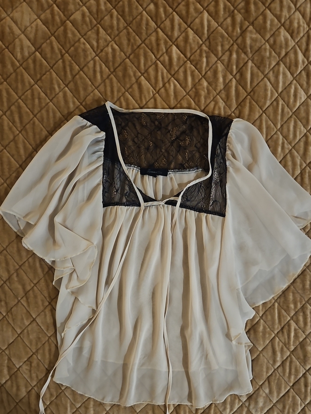Forever 21 Cream Blouse with Black Lace Yoke